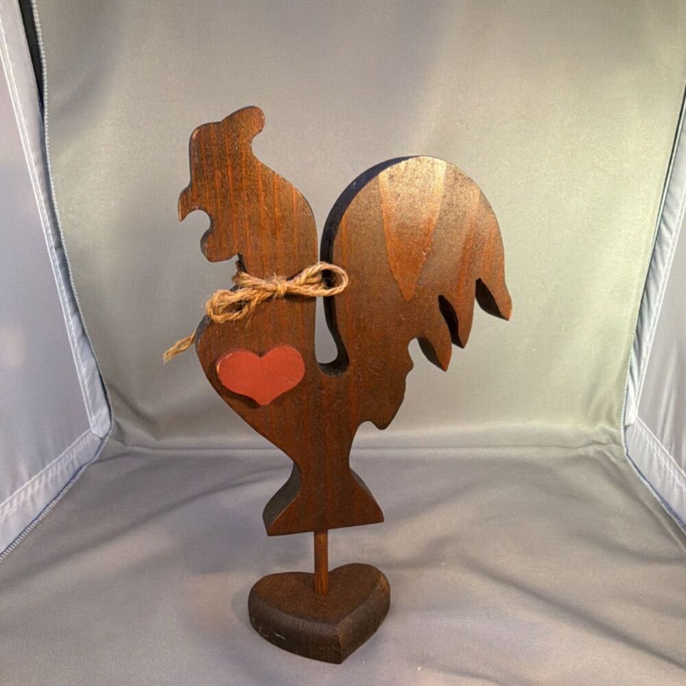 Handcrafted Wooden Rooster Figurine with Heart Accent and Twine Bow